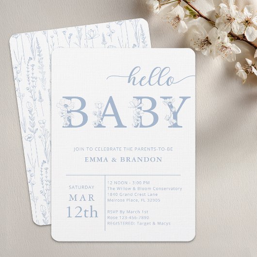 Dusty Blue Hello Baby Wildflower Invitation 招待状