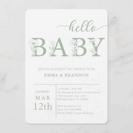 Dusty Blue Hello Baby Wildflower Invitation 招待状 (正面)