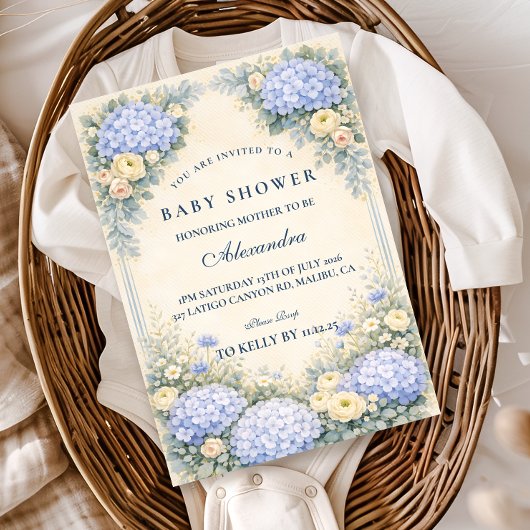 Dusty Blue Hydrangea Baroque Floral Baby Shower 招待状