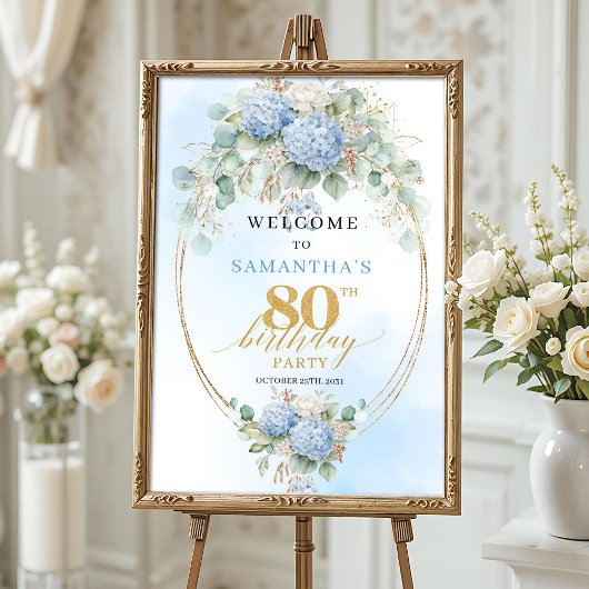 Dusty Blue Hydrangea Boho Floral 80th birthday  ポスター