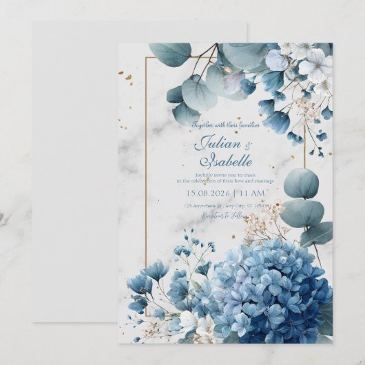 Dusty Blue Hydrangea Eucalyptus Gold Marble 招待状 (正面/裏面)