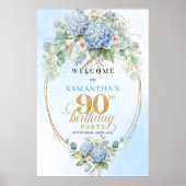 Dusty Blue Hydrangea Floral 90th birthday welcome ポスター (正面)