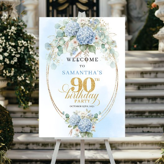 Dusty Blue Hydrangea Floral 90th birthday welcome ポスター