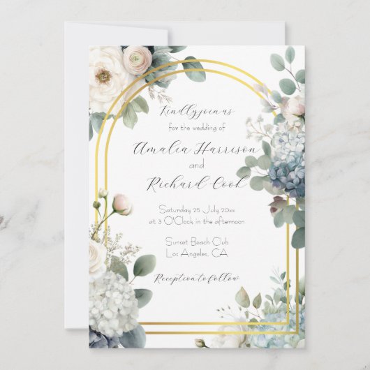 Dusty Blue Hydrangea Floral Customizable Wedding  招待状 (正面)