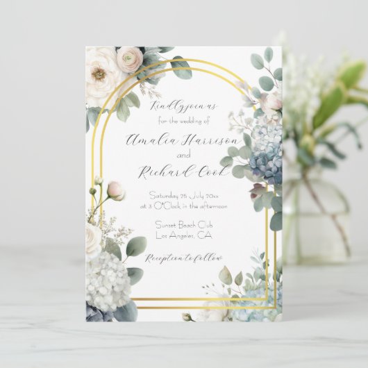Dusty Blue Hydrangea Floral Customizable Wedding  招待状 (スタンド正面)