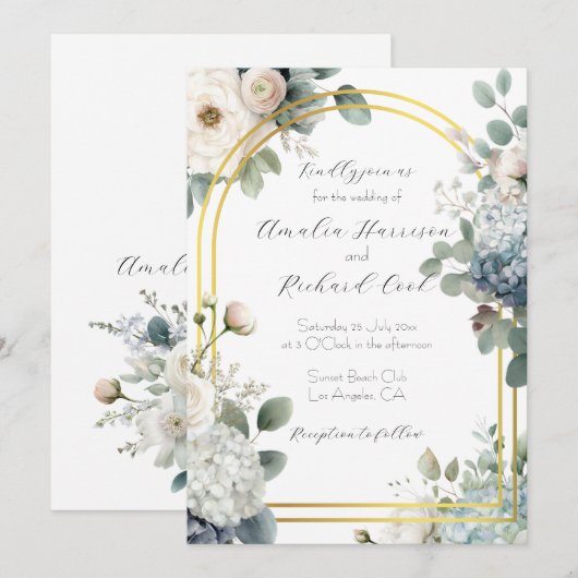 Dusty Blue Hydrangea Floral Customizable Wedding  招待状 (正面/裏面)