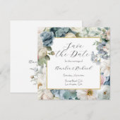 Dusty Blue Hydrangea Floral Save the Date Card 招待状 (正面/裏面)
