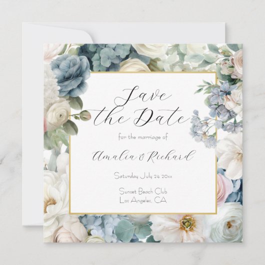 Dusty Blue Hydrangea Floral Save the Date Card 招待状 (正面)