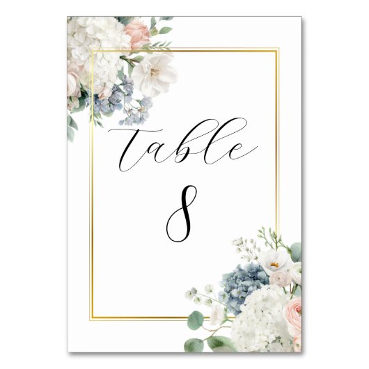 Dusty Blue Hydrangea Floral Table Number Cards テーブルナンバー (正面)