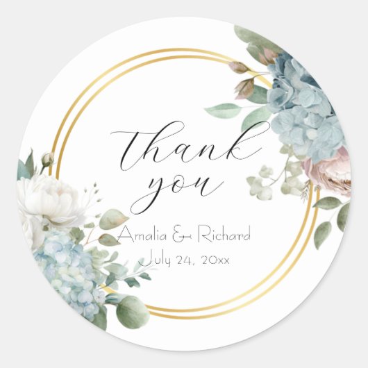 Dusty Blue Hydrangea Floral “Thank You” Wedding ラウンドシール (正面)