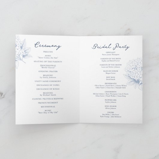 Dusty Blue Hydrangea Folded Wedding Program プログラム (内部)