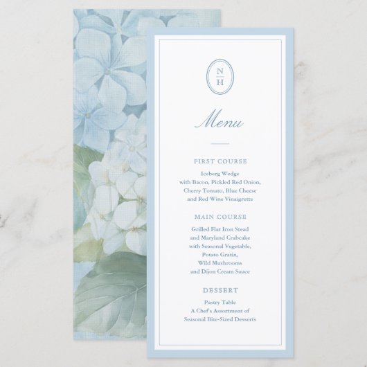 Dusty Blue Hydrangea Monogram Wedding Flat Menu メニュー (正面/裏面)