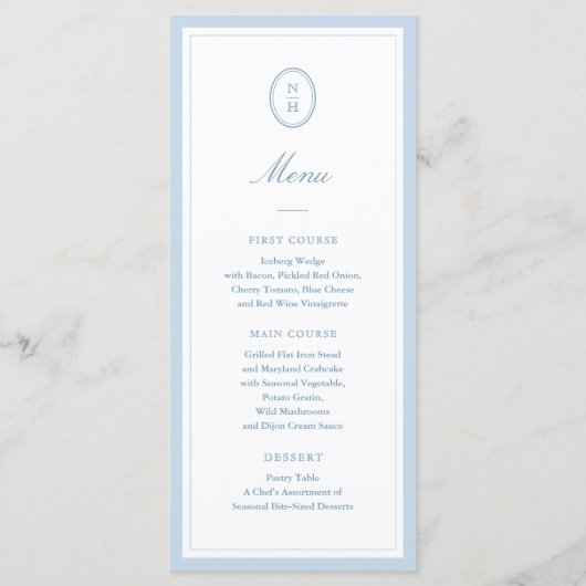 Dusty Blue Hydrangea Monogram Wedding Flat Menu メニュー (正面)