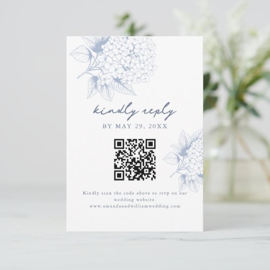 Dusty Blue Hydrangea QR Code RSVP Card (スタンド正面)