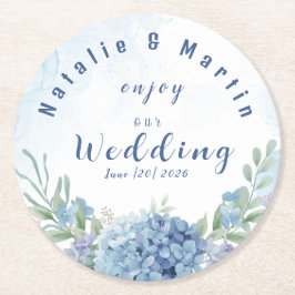 Dusty Blue Hydrangea Watercolor Floral Wedding ラウンドペーパーコースター