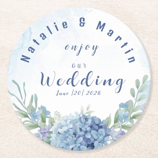 Dusty Blue Hydrangea Watercolor Floral Wedding ラウンドペーパーコースター (正面)