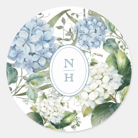 Dusty Blue Hydrangea Wedding Monogram ラウンドシール (正面)