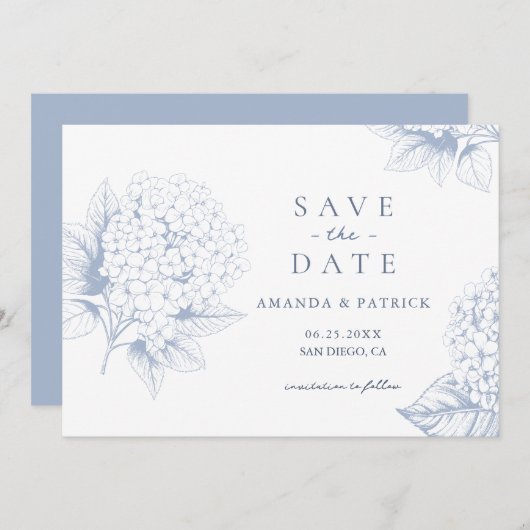 Dusty Blue Hydrangea Wedding Save the Date Card セーブザデート (正面/裏面)