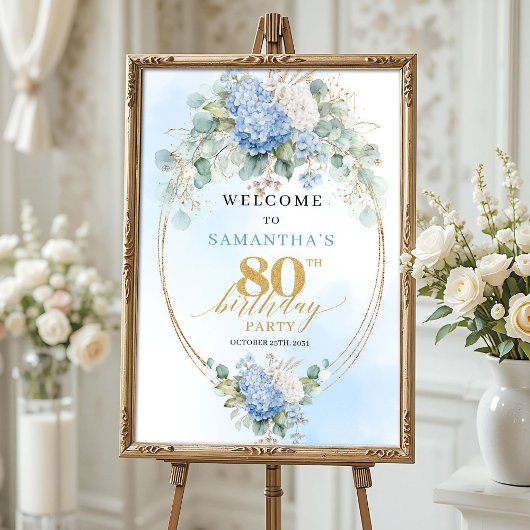 Dusty Blue Hydrangeas Boho Gold 80th birthday  ポスター