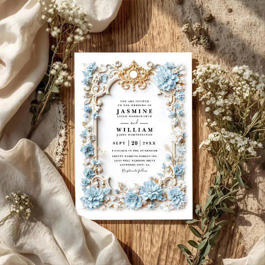 Dusty Blue Hydrangeas Embossed QR Code Wedding 招待状