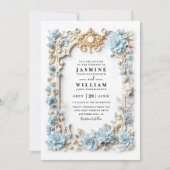 Dusty Blue Hydrangeas Embossed QR Code Wedding 招待状 (正面)