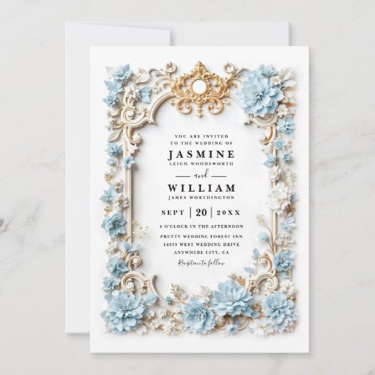 Dusty Blue Hydrangeas Embossed QR Code Wedding 招待状 (正面)