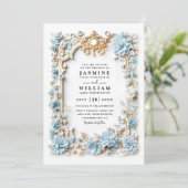 Dusty Blue Hydrangeas Embossed QR Code Wedding 招待状 (スタンド正面)