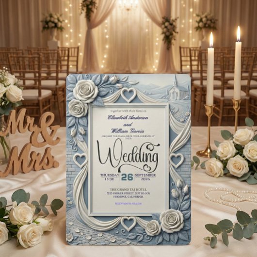 Dusty Blue Indigo Romantic Church Wedding 招待状