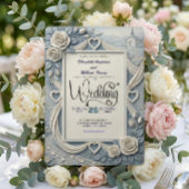 Dusty Blue Indigo Romantic Church Wedding 招待状