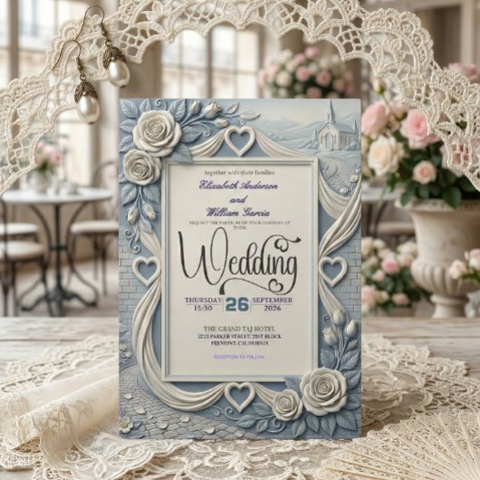 Dusty Blue Indigo Romantic Church Wedding 招待状