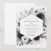 Dusty Blue Ink Wash Floral Wedding 招待状 (正面/裏面)