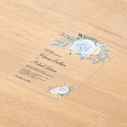 Dusty Blue Ivory Floral Wedding アクリル招待状 (レイダウン)