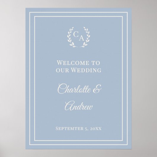 Dusty blue ivory monogrammed wedding welcome ポスター (正面)