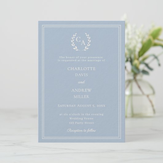 Dusty blue ivory wreath monogram luxury wedding  招待状 (スタンド正面)