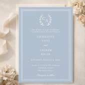 Dusty blue ivory wreath monogram luxury wedding  招待状