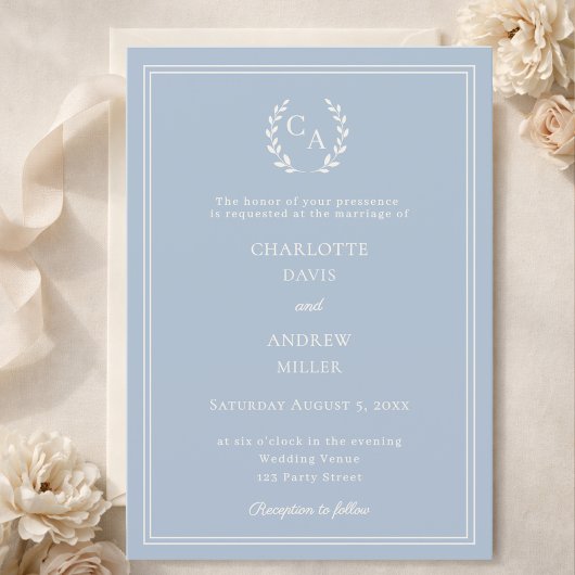 Dusty blue ivory wreath monogram luxury wedding  招待状