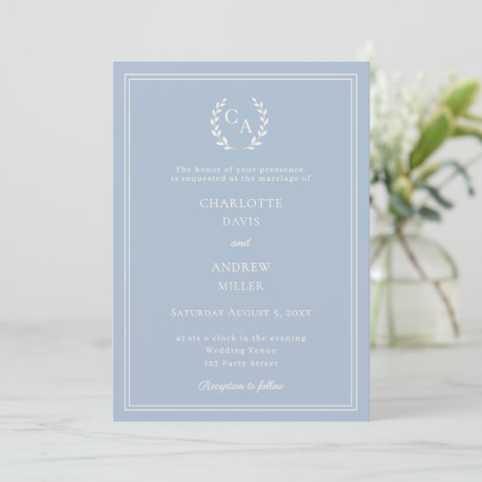 Dusty blue ivory wreath monogram simple wedding  招待状 (スタンド正面)