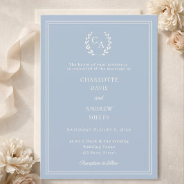 Dusty blue ivory wreath monogram simple wedding  招待状