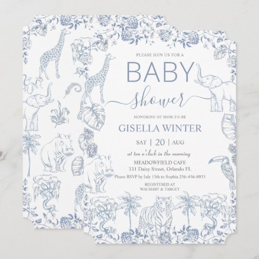 Dusty Blue Jungle Animals Toile Baby Shower  招待状 (正面/裏面)