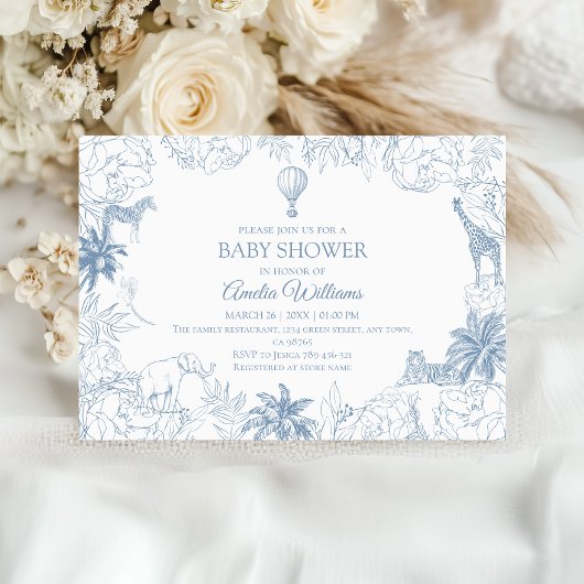 Dusty Blue Jungle Safari Animals Baby Shower 招待状