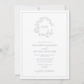 Dusty Blue Leafy Crest Monogram Details Wedding 招待状 (正面)