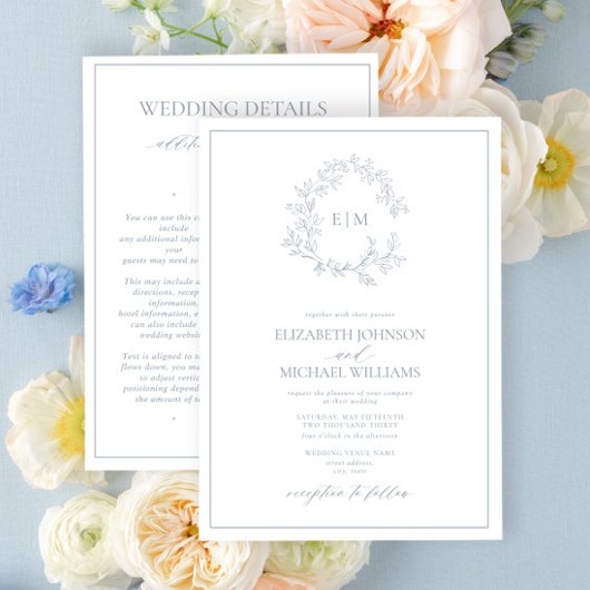 Dusty Blue Leafy Crest Monogram Details Wedding 招待状