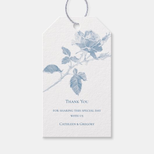 Dusty Blue Line Art Rose Thank You Wedding ギフトタグ (正面)
