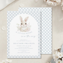 Dusty Blue Little Bunny Gingham Arch Baby Shower 招待状