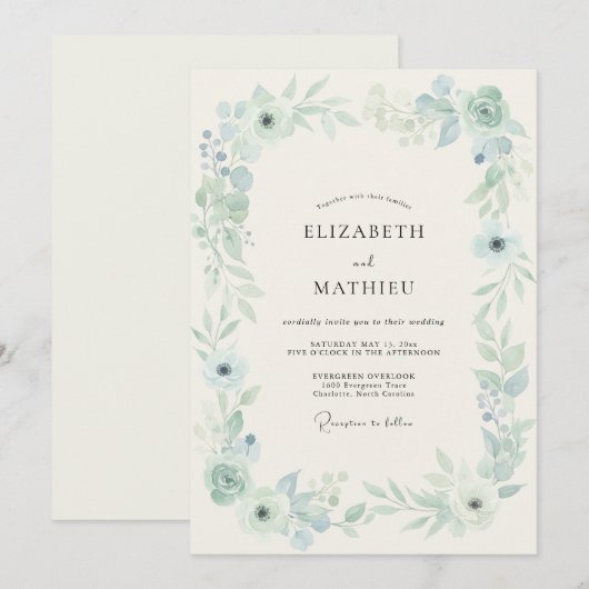 Dusty Blue Luminous Spring Wedding 招待状 (正面/裏面)