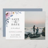 Dusty Blue Mauveフローラ写真Save The Date 案内状 (正面/裏面)