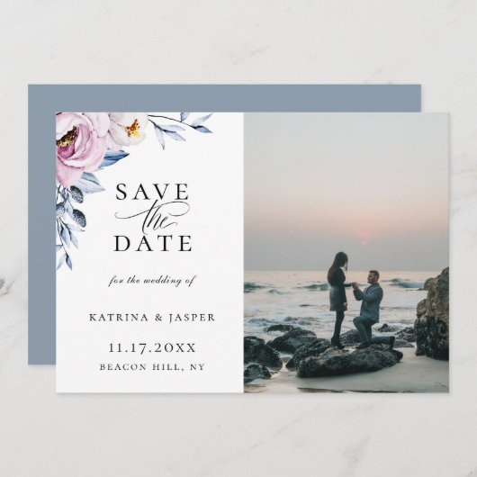 Dusty Blue Mauveフローラ写真Save The Date 案内状 (正面/裏面)