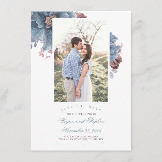 Dusty Blue & Mauveフローラ写真Save the Date Card エンクロージャーカード (正面)