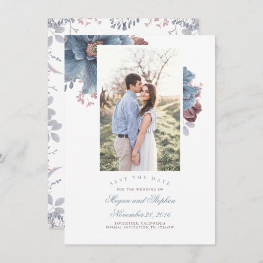 Dusty Blue & Mauveフローラ写真Save the Date Card エンクロージャーカード (正面/裏面)