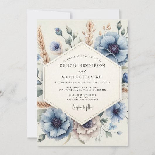 Dusty Blue Meadow Bloom Wedding 招待状 (正面)